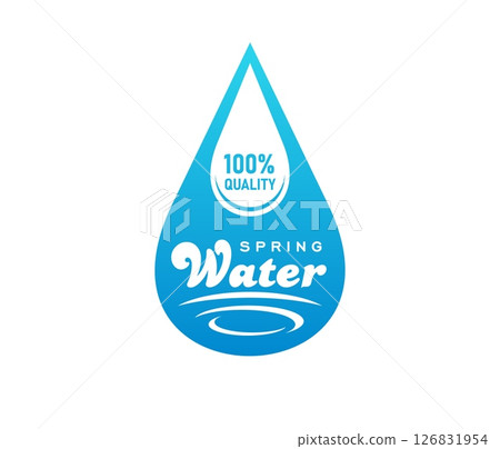 Spring water icon representing blue droplet with text 100 percent quality in blue and white colors. Vector emblem conveying nature freshness, purity and hydration for beverage brand and product labels Spring water icon representing blue droplet with text 100 percent quality in blue and white colors. Vector emblem conveying nature freshness, purity and hydration for beverage brand and product labels 126831954