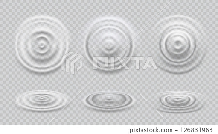 Top view ripple water wave, drop splash effect. Transparent liquid, milk or clean aqua drop splash motion 3d realistic vector surface concentric texture or effect. Water ripple waves top and side view Top view ripple water wave, drop splash effect. Transparent liquid, milk or clean aqua drop splash motion 3d realistic vector surface concentric texture or effect. Water ripple waves top and side view 126831963