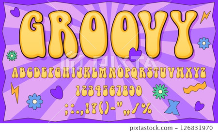 70s groove font, 60s groovy type, hippie typeface. Retro funky alphabet letters and numbers font vector typography with hippy heart and flowers. Vintage groove typeface on psychedelic swirl background 126831970