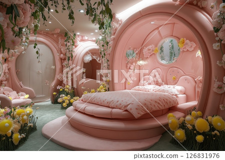 Whimsical pink bedroom design fantasy home interior cozy environment dreamlike viewpoint imaginative concept 126831976