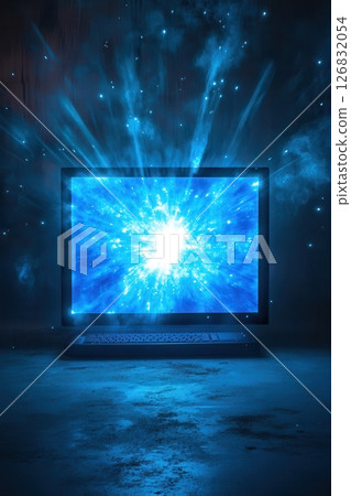 Digital explosion a futuristic computer display illuminates a darkened room visual art technology creative concept 126832054