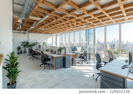 Modern office workspace urban city interior design bright environment wide-angle view productivity concept 126832136