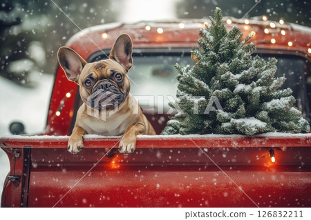 Winter adventure french bulldog in red truck with christmas tree snowy landscape heartwarming scene cozy atmosphere 126832211