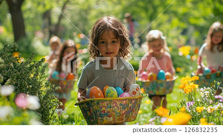 Children collecting colorful easter eggs park outdoor event springtime eye level family tradition Children collecting colorful easter eggs park outdoor event springtime eye level family tradition 126832235