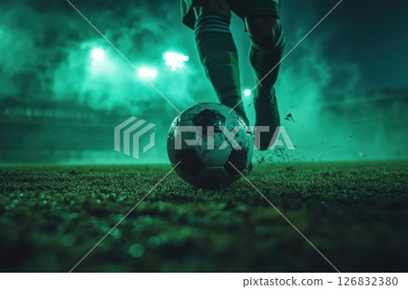 A soccer player kicks a ball on a field with smoke in the background 126832380