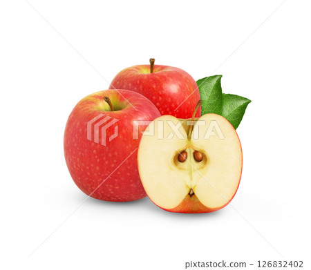 Juicy pink apple with cut in half isolated.Two red apple and a slice isolated 126832402