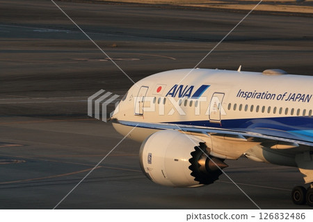 Image of a passenger plane heading for the runway in the setting sun 126832486
