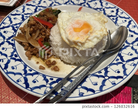 Deliciously served Gapao rice on a plate, Thai food 126832616