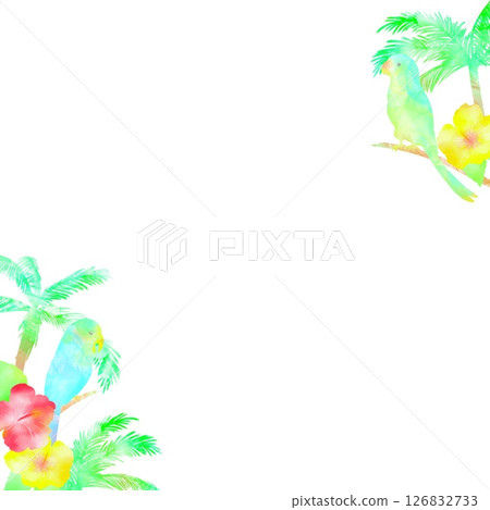 A tropical frame of colorful hibiscus and parrots. A watercolor illustration inspired by a fun trip to a southern island A tropical frame of colorful hibiscus and parrots. A watercolor illustration inspired by a fun trip to a southern island 126832733