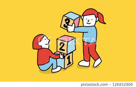 Illustration of two women stacking building blocks. Image of people steadily stacking blocks. 126832800