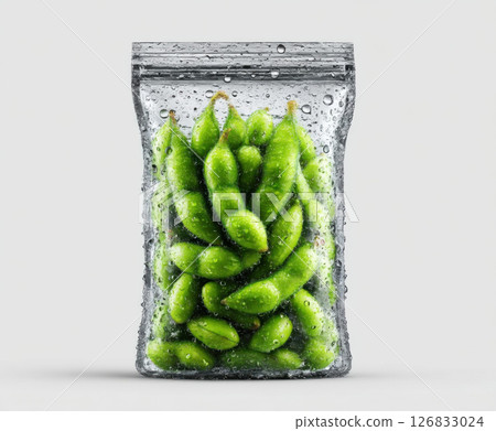 Fresh green edamame beans in clear resealable bag with water droplets, isolated on white background 126833024
