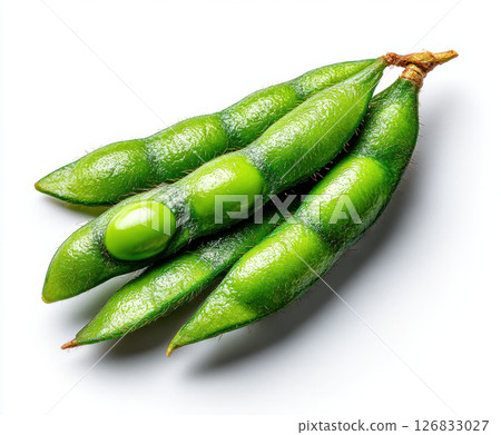 Fresh green edamame pods with one open pod revealing beans, isolated on white background 126833027