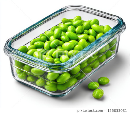 Fresh green edamame beans in clear glass container 126833081