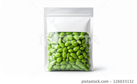 Clear plastic bag filled with fresh green edamame beans, isolated on white background Clear plastic bag filled with fresh green edamame beans, isolated on white background 126833132