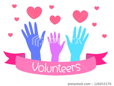 Bright volunteer illustration with raised colorful hands, pink hearts, and a ribbon banner, symbolizing love and community support. Vector illustration Bright volunteer illustration with raised colorful hands, pink hearts, and a ribbon banner, symbolizing love and community support. Vector illustration 126833170