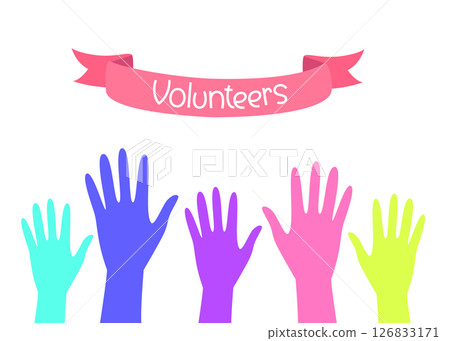 Vibrant image featuring raised hands in various colors and a pink ribbon labeled Volunteers, representing diversity and teamwork. Vector illustration 126833171