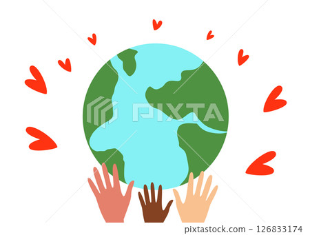 Illustration of multicultural hands lifting the planet surrounded by red hearts, symbolizing global unity, care, and peace. Vector illustration 126833174