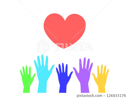 Five colorful hands lifted toward a large red heart, expressing unity, compassion, and charitable efforts. High quality photo Five colorful hands lifted toward a large red heart, expressing unity, compassion, and charitable efforts. High quality photo 126833176