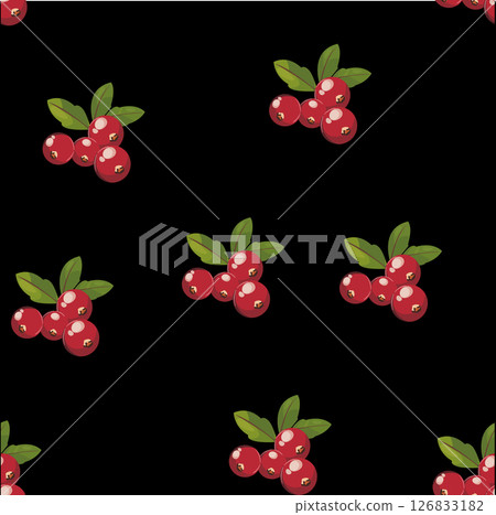 High-contrast repeating cranberry clusters with green leaves on black background, ideal for bold packaging or textile prints. Vector illustration High-contrast repeating cranberry clusters with green leaves on black background, ideal for bold packaging or textile prints. Vector illustration 126833182