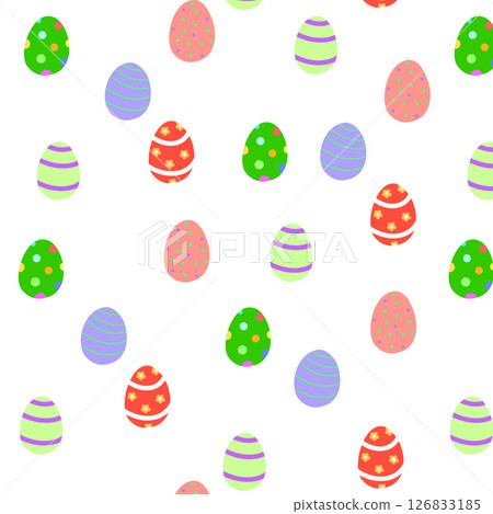 A seamless pattern featuring colorful decorated Easter eggs on a white background. Perfect for holiday-themed designs, wrapping paper, and textiles. . Vector illustration A seamless pattern featuring colorful decorated Easter eggs on a white background. Perfect for holiday-themed designs, wrapping paper, and textiles. . Vector illustration 126833185