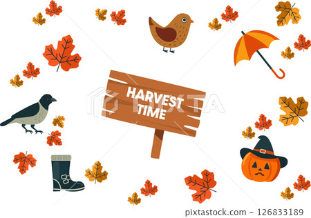 This colorful autumnthemed graphic prominently features various harvest symbols such as leaves, birds, and pumpkins This colorful autumnthemed graphic prominently features various harvest symbols such as leaves, birds, and pumpkins 126833189
