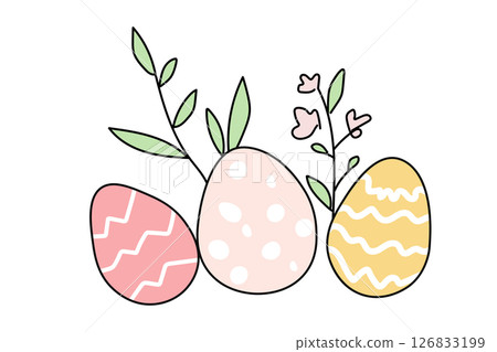 Elegant Easter illustration with decorated eggs and floral elements on white background. Vector illustration Elegant Easter illustration with decorated eggs and floral elements on white background. Vector illustration 126833199