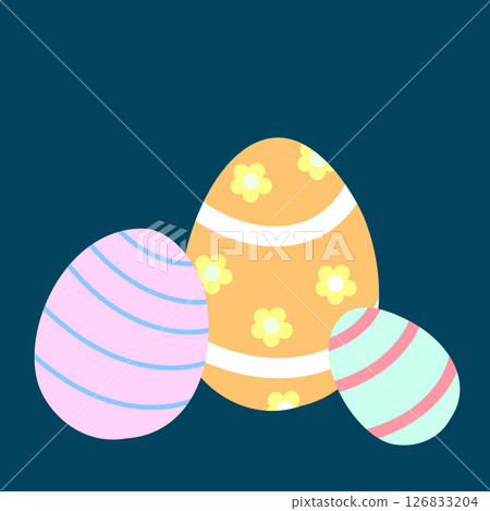 A close-up of three pastel-colored Easter eggs on a dark blue background. Great for greeting cards, banners, and festive decorations. . Vector illustration A close-up of three pastel-colored Easter eggs on a dark blue background. Great for greeting cards, banners, and festive decorations. . Vector illustration 126833204
