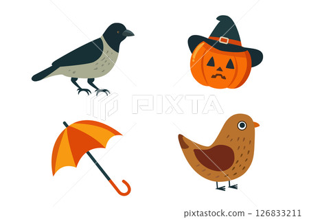 Colorful autumn-themed icons including birds, a pumpkin, and an umbrella, perfect for seasonal designs. Colorful autumn-themed icons including birds, a pumpkin, and an umbrella, perfect for seasonal designs. 126833211