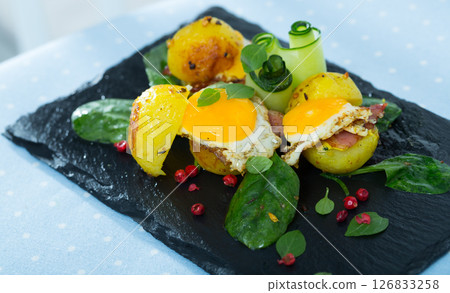 Potato burgers with quail egg Potato burgers with quail egg 126833258