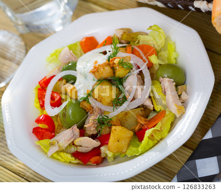 Salad with chicken, eggplants, greens 126833263