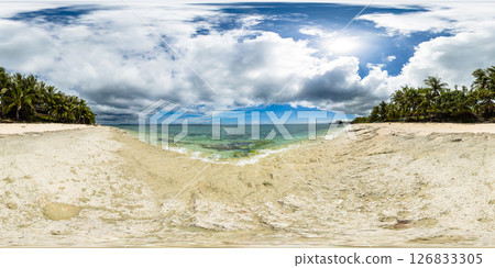 Ocean waves on sandy beach with sun reflection. Carabao Island. Romblon, Philippines. VR 360. Ocean waves on sandy beach with sun reflection. Carabao Island. Romblon, Philippines. VR 360. 126833305