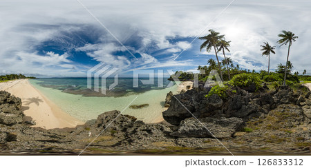 Scenic landscape of beach with clear water and corals. Carabao Island in Romblon, Philippines. VR 360. 126833312
