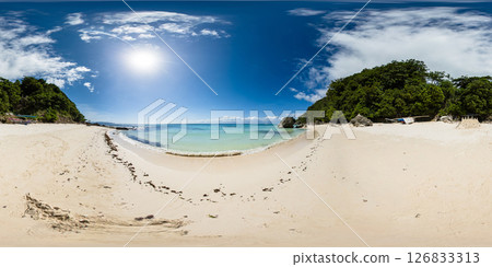 Sun reflection over the turquoise water and white sand in Hagdan Beach in Boracay. Malay, Aklan. Philippines. VR 360. Sun reflection over the turquoise water and white sand in Hagdan Beach in Boracay. Malay, Aklan. Philippines. VR 360. 126833313