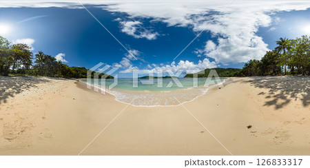 Tropical beach with transparent sea water and waves. Blue sky and clouds. El Nido. Palawan. Philippines. VR 360. 126833317