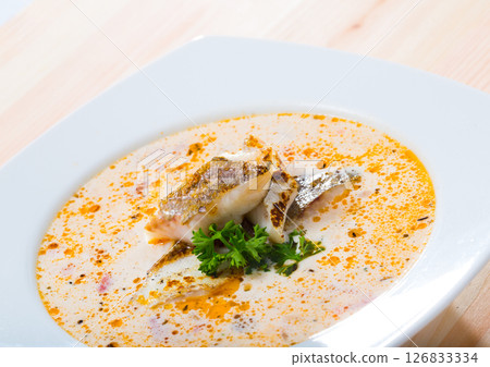 Traditional Norwegian dish - codfish soup 126833334