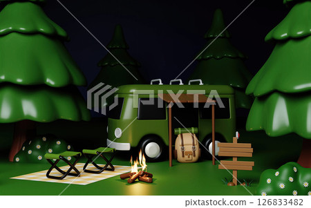 Camping adventure 3D render illustration with camper and campfire 126833482