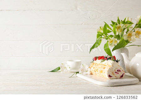 Meringue roll, concept of tasty and delicious food Meringue roll, concept of tasty and delicious food 126833562