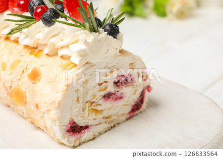 Meringue roll, concept of tasty and delicious food Meringue roll, concept of tasty and delicious food 126833564