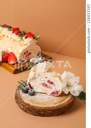 Meringue roll, concept of tasty and delicious food Meringue roll, concept of tasty and delicious food 126833565