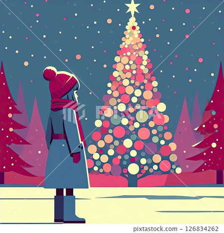 Woman Admiring Decorated Christmas Tree with Generative AI. 126834262