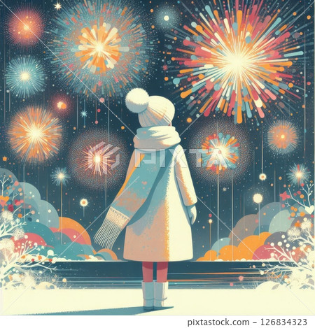 Woman in Winter Clothing with Vibrant Fireworks in the Background for New Year Celebration with Generative AI. 126834323