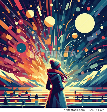 Woman in Winter Clothing with Vibrant Fireworks in the Background for New Year Celebration with Generative AI. Woman in Winter Clothing with Vibrant Fireworks in the Background for New Year Celebration with Generative AI. 126834324