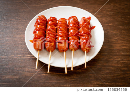 fried sausage skewer with ketchup fried sausage skewer with ketchup 126834366
