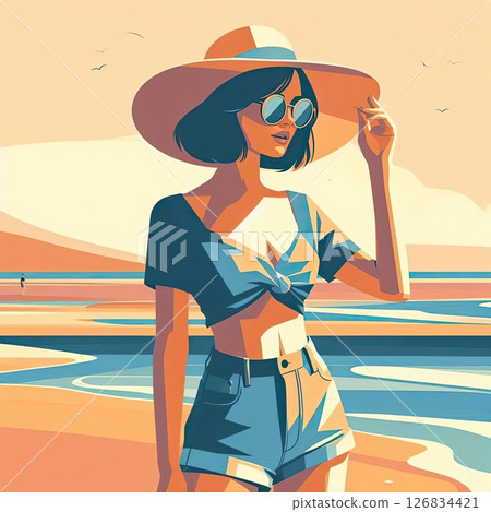 Stylish Woman on Tropical Beach for Summer Fashion Vector Illustration in Retro Flat Style with Generative AI. Stylish Woman on Tropical Beach for Summer Fashion Vector Illustration in Retro Flat Style with Generative AI. 126834421