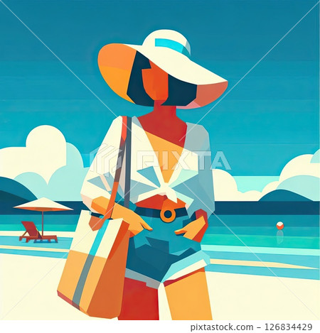 Stylish Woman on Tropical Beach for Summer Fashion Vector Illustration in Retro Flat Style with Generative AI. Stylish Woman on Tropical Beach for Summer Fashion Vector Illustration in Retro Flat Style with Generative AI. 126834429