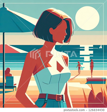 Stylish Woman on Tropical Beach for Summer Fashion Vector Illustration in Retro Flat Style with Generative AI. 126834430