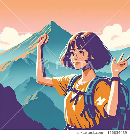 Smiling Female Hiker in Scenic Mountains with Generative AI. 126834489