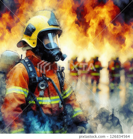 Heroic Firefighter in Action in Courage Amidst the Flames with Generative AI. 126834564