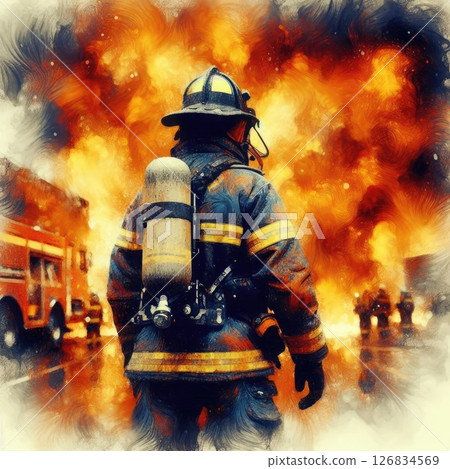 Heroic Firefighter in Action in Courage Amidst the Flames with Generative AI. Heroic Firefighter in Action in Courage Amidst the Flames with Generative AI. 126834569