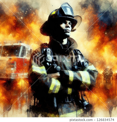 Heroic Firefighter in Action in Courage Amidst the Flames with Generative AI. 126834574
